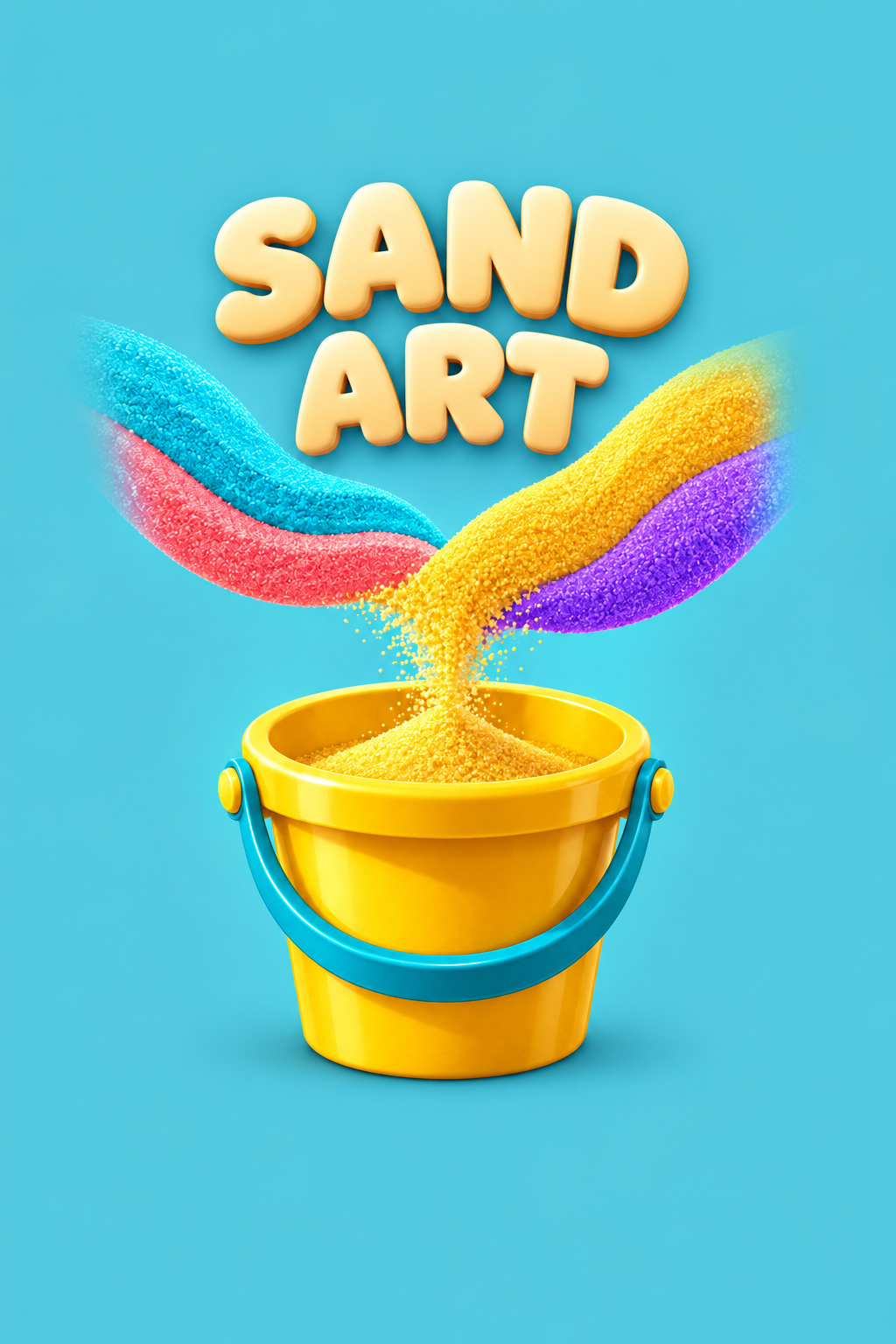 A golden bucket collecting streams of colorful sand in Sand Art